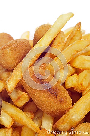 spanish combo platter with croquettes, calamares and french fries Stock Photo