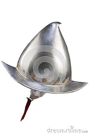 A Spanish conquistador comb morion steeel helmet 16-17th century isolated on white Stock Photo