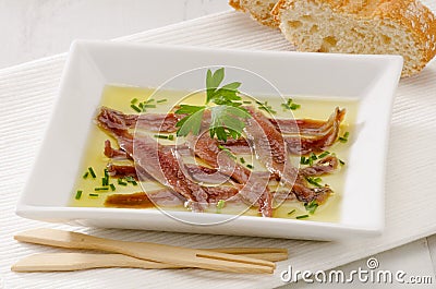 Spanish Cuisine. Marinated anchovies. Anchoas en aceite. Stock Photo