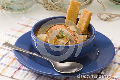 Spanish cuisine. Seafood soup. Stock Photo