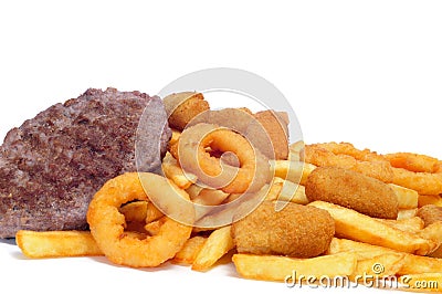 spanish fattening food: burgers, croquettes, calamares and french fries Stock Photo