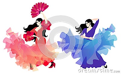 Spanish flamenco dancer in red dress, whose hem soars like bird, and gypsy girl in lilac-blue dress with shawl like a magic bird Vector Illustration