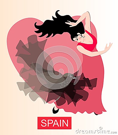 Spanish girl dancing flamenco with a black translucent shawl in the shape of a bird against the backdrop of a large pink heart. Vector Illustration