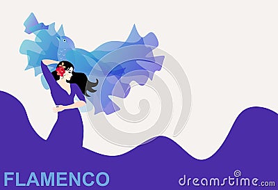 Spanish girl in a long purple dress, whose hem is like the sea, is dancing flamenco with a shawl that looks like a soaring bird Vector Illustration