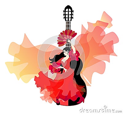 Spanish girl in a traditional red dress with ruffles on the sleeves in the form of roses, with a fan in her hand, is dancing Vector Illustration