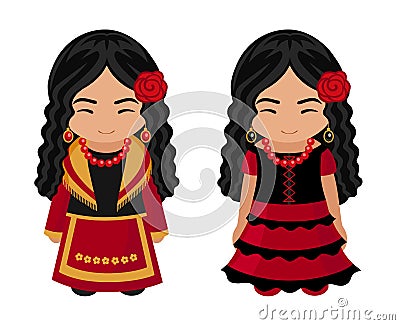 Spanish girls in national costumes. Vector Illustration