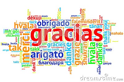 Spanish Gracias, Open Word Cloud, Thanks, on white Stock Photo