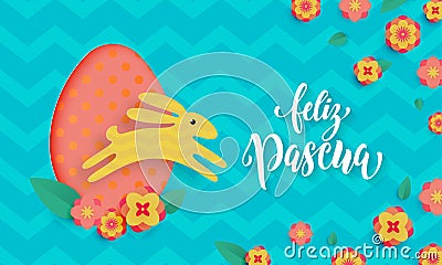 Spanish Happy Easter greeting card of egg and bunny paper cut on floral pattern background for Feliz Pascua. Vector spring floral Vector Illustration