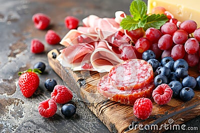 Spanish jamon, peppered sausage, fuet, cheese, and berries charcuterie board presentation Stock Photo