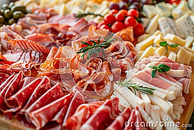 Spanish jamon pork sausage charcuterie board with cheese, berries, and fuet for a delicious spread Stock Photo