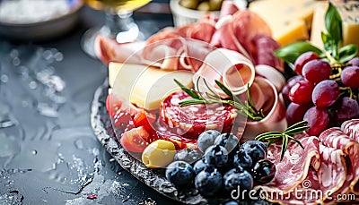 Spanish jamon, pork sausage, fuet, cheese, and berries charcuterie board for a delightful spread Stock Photo