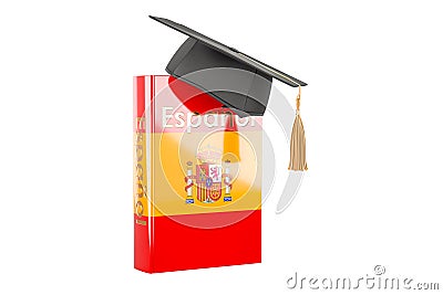 Spanish language textbook with graduation cap. Learn Spanish language, classes. 3D rendering Stock Photo