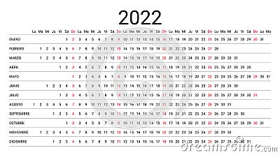 2022 Spanish linear calendar grid. Planner template. Vector illustration Vector Illustration