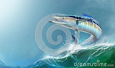 Spanish Mackerel big fish on the background of the waves realistic illustration. Cartoon Illustration