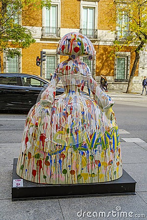 Spanish Menina in the city center. The artist Antonio Azzato creates Spain Editorial Stock Photo