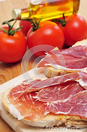 Spanish pa amb tomaquet with serrano ham Stock Photo