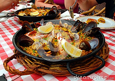 Spanish paella in the pan Stock Photo