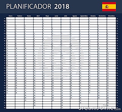 Spanish Planner blank for 2018. Scheduler, agenda or diary template. Vector Illustration
