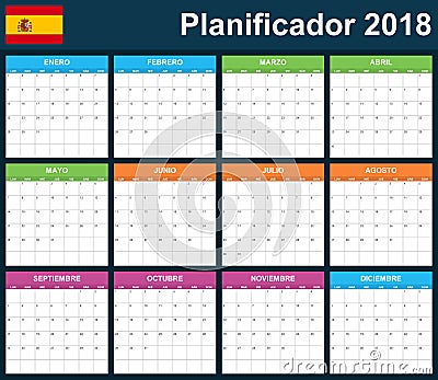 Spanish Planner blank for 2018. Scheduler, agenda or diary template. Week starts on Monday Vector Illustration