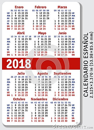 Spanish pocket calendar for 2018 Vector Illustration