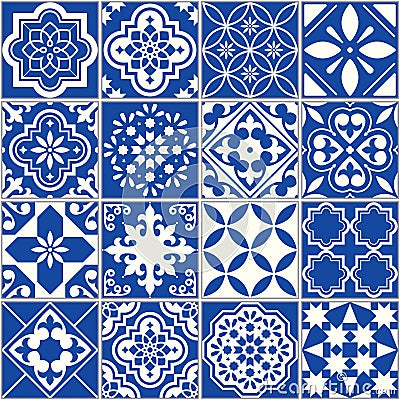 Spanish or Portuguese vector tile pattern, Lisbon floral mosaic, Mediterranean seamless navy blue ornament Vector Illustration