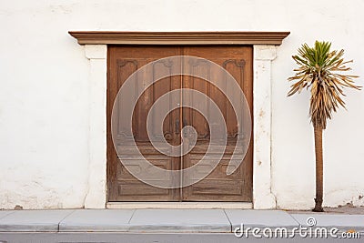 spanish revival brown wooden door on whitewashed wall Stock Photo