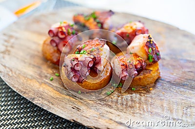 Spanish starter in fish restaurant in Getaria, grilled octopus with roasted potatoes and paprika, Basque Country, Spain Stock Photo