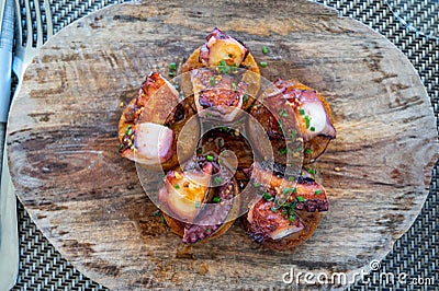 Spanish starter in fish restaurant in Getaria, grilled octopus with roasted potatoes and paprika, Basque Country, Spain Stock Photo