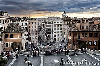 Spanish steps aerial view, Via Condotti and Dome. Sunset Editorial Stock Photo