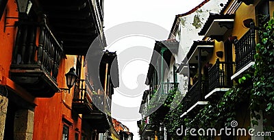 Spanish-style balconies at the historic city of Cartagena, Colombia Stock Photo