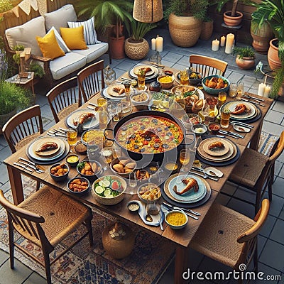 Spanish Style Outdoor Dining: Paella and Authentic Dishes on Wooden Table Stock Photo