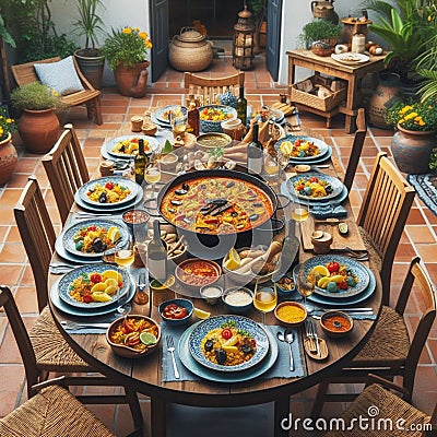 Spanish Style Outdoor Dining: Paella and Authentic Dishes on Wooden Table Stock Photo