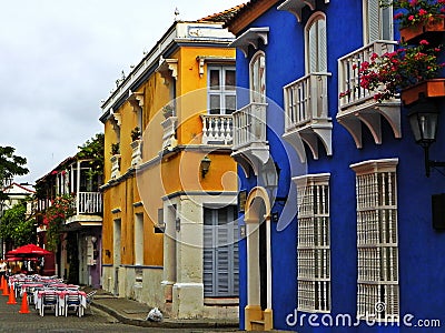 Spanish-style street at the historic city of Cartagena, Colombia Stock Photo