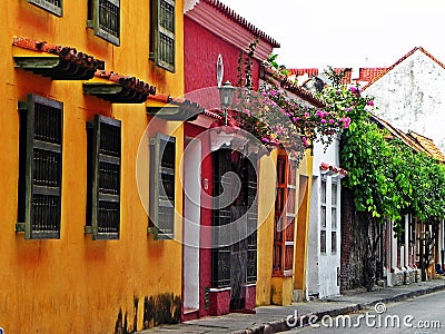 Spanish-style street at the historic city of Cartagena, Colombia Stock Photo