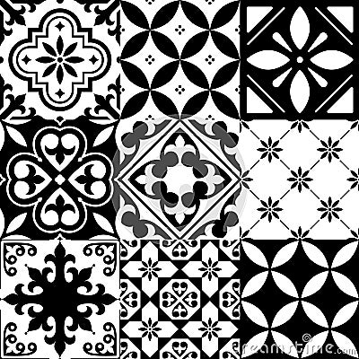 Spanish tiles, Moroccan tiles design, seamless black pattern Stock Photo