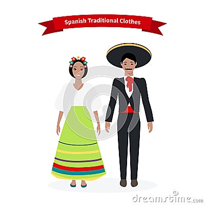 Spanish Traditional Clothes People Vector Illustration
