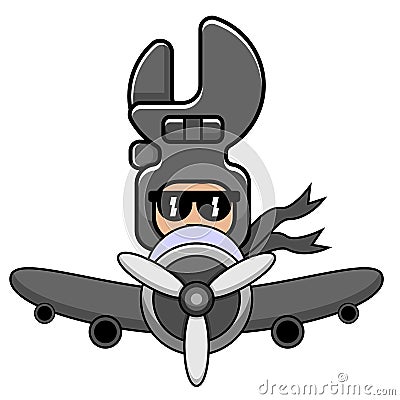 Spanner mechanical device mascot costume riding a plane Vector Illustration