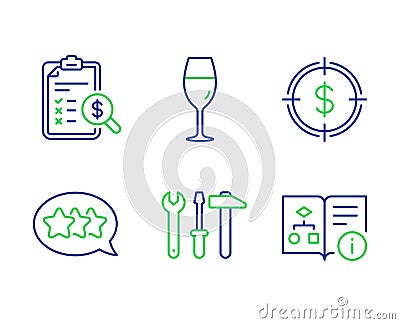 Spanner tool, Stars and Wineglass icons set. Accounting report, Dollar target and Technical algorithm signs. Vector Vector Illustration