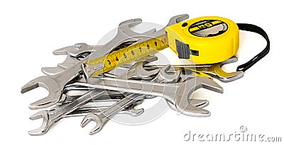 Spanner, wrench, key and roulette, tape-measure on Stock Photo