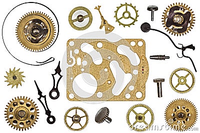 Spare parts for clock. metal gears, cogwheels and other details Stock Photo