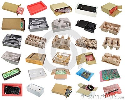 Spare parts and electronic components packs and box isolated set Stock Photo