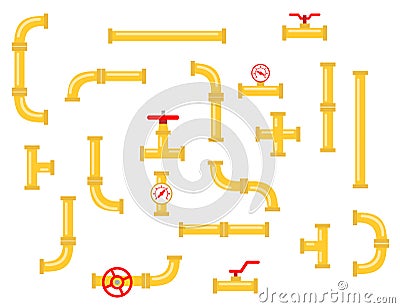 Spare parts for the pipeline. Pipe connectors made of metal and plastic Vector Illustration