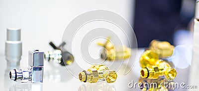 Spare parts and tools lying on drawing for repair plumbing Stock Photo