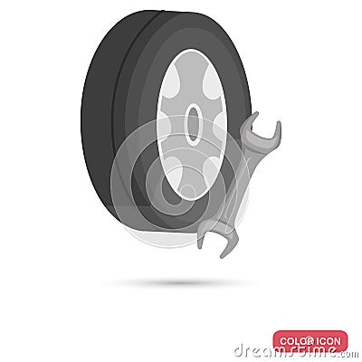 Spare wheel and wrench color flat icon Vector Illustration