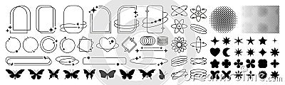 Sparkle elements. Aesthetic line frames. Digital shape symbols. Trendy 90s border. Simple icons for packaging design Vector Illustration