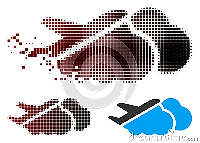 Sparkle Pixel Halftone Airplane Over Clouds Icon Vector Illustration