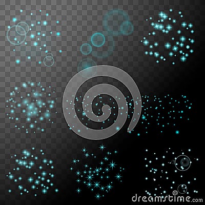 Sparkle star glotter set. Vector abstract transparent elements. White dust trail particles . Magic shine effect. Vector Illustration