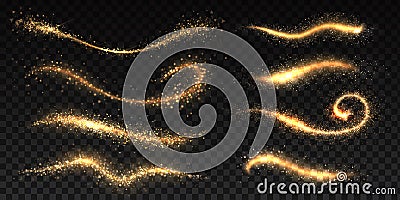Sparkle stardust. Golden glittering dust brush templates, shining star or comet trails, Christmas shimmer texture Vector Illustration