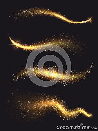 Sparkle stardust. Golden glittering magic vector waves with gold particles collection Vector Illustration