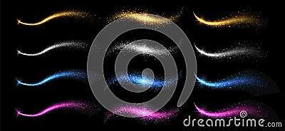 Sparkle stardust. Golden silver glittering magic vector waves. Shining elements isolated on black background Vector Illustration